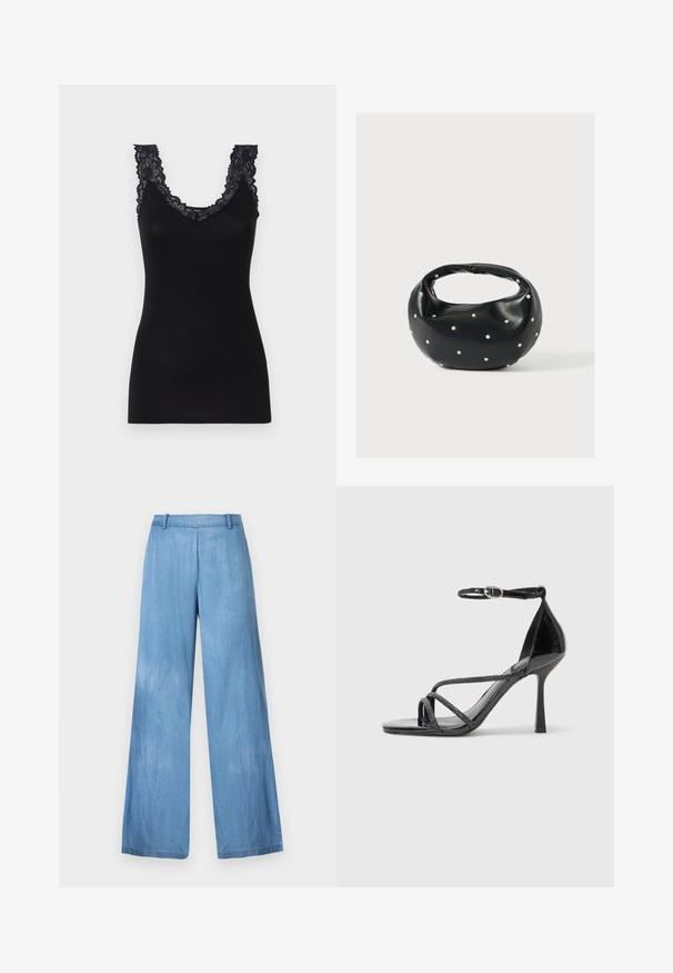 Sort ærmeløs top med v-hals. Har blondekant langs halsudskæringen og skuldrene. Blødt, strækbart stof med en tætsiddende design.; Lyseblå brede jeans lavet af denim, med høj talje, diskret falmning og en ren kant uden udsmykninger eller lommer.; Sorte laklæder højhælede sandal med ankelrem, der har krydskrydsede stropper og en slank spids tå.; Sort læderhåndtaske med en rundet form, dekoreret med sølvnitter, og et kort håndtag. Glat tekstur og lynlåslukning.