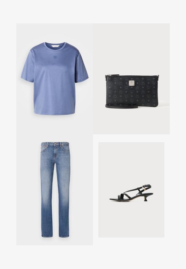 T-shirt en coton bleu à manches courtes avec col rond et petit logo circulaire centré sous le col.; Jean en denim bleu clair avec une coupe droite, design classique à cinq poches, détails de décoloration subtils et accents de couture orange.; Sandale noire en cuir pour femme avec fines brides croisées, petit talon kitten et petite boucle dorée sur la bride de cheville.; Pochette bracelet en cuir texturé noir avec motif monogramme subtil et plaque logo argentée centrée sur fond blanc propre.