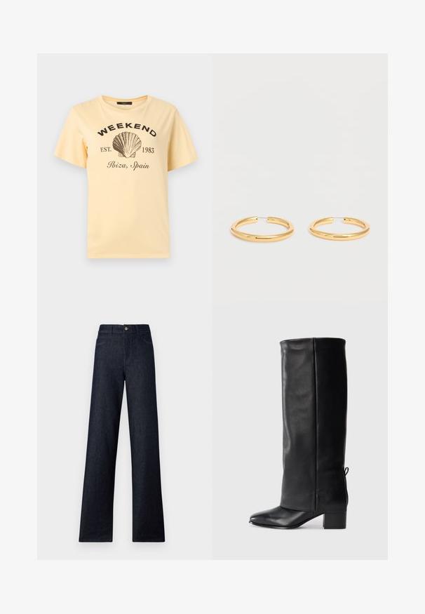 Hele kollane T-särk musta tekstiga „WEEKEND EST. 1983 Ibiza, Hispaania“ ja suur must merekarbi kujutis keskel.; Tumedad denim kõrge piha ja laia jala lõikega teksad, mis sisaldavad viit taskut, nööp sulgemise ja kontrastset õmblust. Sile tekstuur ilma mustriteta.; Mustad mustad, millel on sile viimistlus, ruudukujuline varvas, plokk-konts ja küljel vajalikud paela detailid reguleeritavaks sobivuseks.; Keskmise suurusega poleeritud kuldset rõngakujulist kõrvarõngaste paari õhukeste traadist kinnitustega tavalise valge tausta peal.