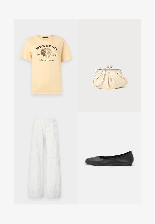 T-shirt jaune clair avec texte noir « WEEKEND EST. 1983 Ibiza, Espagne » et un grand dessin noir de coquillage au centre.; Pantalons larges blancs avec une taille élastique, présentant un motif floral en dentelle texturée sur l'ensemble du tissu.; Ballerines en cuir noir avec un bout rond, texture lisse, détails de couture minimalistes et design de semelle flexible.; Pochette en cuir beige plissé avec un cadre en métal argenté, dotée de deux fermoirs ronds décoratifs et d'une chaîne en argent.