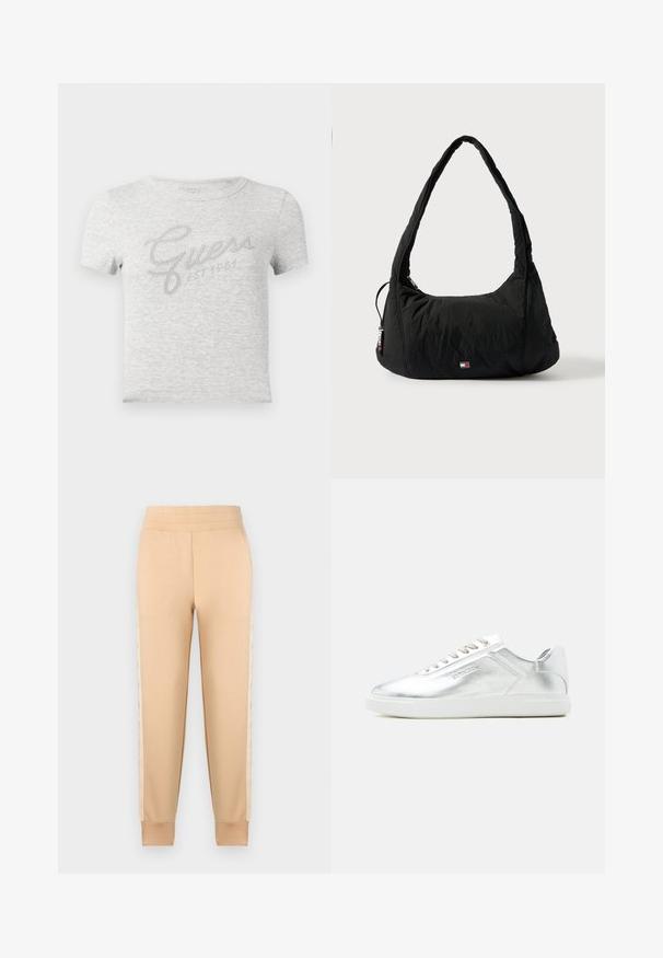 Grå t-shirt med korte ærmer og ribbet struktur, med en metallisk sølv "Guess"-logo og tekst "EST 1981" i en kursiv skrifttype.; Beige sweatpants med en glat tekstur, der har et tapered design, elastisk talje og mønstrede sidelommer.; Lavtskåret metallic sølv sneaker med hvid sål og snørebånd, glat tekstur og subtil præget branding på siden.; Sort nylon skuldertaske med et buet håndtag, lynlåslomme og lille logo foran; puffet tekstur med en blød, rund form.