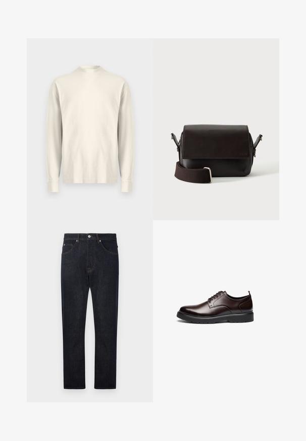 Langärmliges Shirt mit Stehkragen aus leichtem cremefarbenem Baumwollstoff. Glatte Textur, lockere Passform, minimalistisches Design, keine sichtbaren Muster oder Akzente.; Dunkelblaue Denim-Jeans mit geradem Bein, ausgestattet mit fünf Taschen, kontrastierenden orangen Nähten und einem Knopfverschluss an der Taille.; Braune Leder-Schnürschuhe mit einem eleganten Design, runder Zehenpartie, kontrastierender schwarzer Gummisohle und minimal sichtbaren Nähten.; Dunkelbraune Leder-Umhängetasche mit Klappenverschluss und verstellbarem Stoffriemen auf weißem Hintergrund.