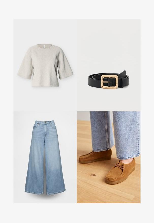 Lysegrå kortærmet sweater lavet af blødt stof, med rund halsudskæring og en løs pasform med ribdetaljer ved kanten.; Lyseblå vidde jeans lavet af denim med høj talje, forlommer og knaplukning. Stoffet har en falmet vask.; Brune ruskindsko med en rund tå og tanfarvet gummisål, der har et simpelt snørebåndsdesign, parret med lyseblå denimbukser.; Sort læderbælte med en skinnende guld firkantet spænde, rullet pænt op på en ensfarvet hvid baggrund.