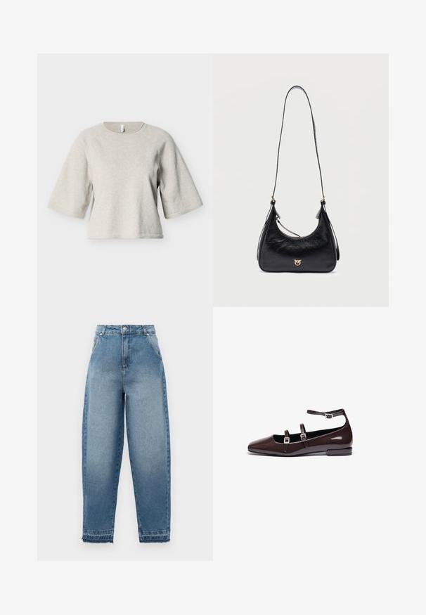 Lichtgrijze, korte mouw trui gemaakt van zachte stof, met een ronde halslijn en een losse pasvorm met geribbelde zoomdetails.; Lichtblauwe denim jeans met een hoge taille, losse pasvorm, vijfzakkenontwerp en rafelige zoom. Kenmerkt klassieke stiksels en een ritssluiting.; Bruine gepatineerde leren ballerina's met een spitse neus, voorzien van twee verstelbare banden en zilveren gespen, en een lage, vierkante hak.; Zwarte leren schoudertas met lange riem, goudkleurig logo-embleem aan de voorkant en ritssluiting.