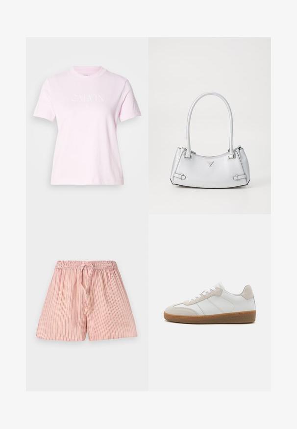 Camiseta de algodón de manga corta en rosa claro con el logo "Calvin Klein" y un pequeño emblema impresos en blanco en el pecho, escote redondo.; Pantalones cortos de color rosa claro con rayas rojas verticales, fabricados en un tejido suave. Cuentan con una cinturilla elástica y un cordón para ajuste.; Deportivas de cuero blanco con acentos de ante beige, lengua texturizada y suela de goma. Presenta cordones blancos y detalles sutiles de costura.; Bolso de mano plateado con un diseño estructurado, que cuenta con dos asas, textura brillante, herrajes de acento y un logo triangular en la parte frontal.