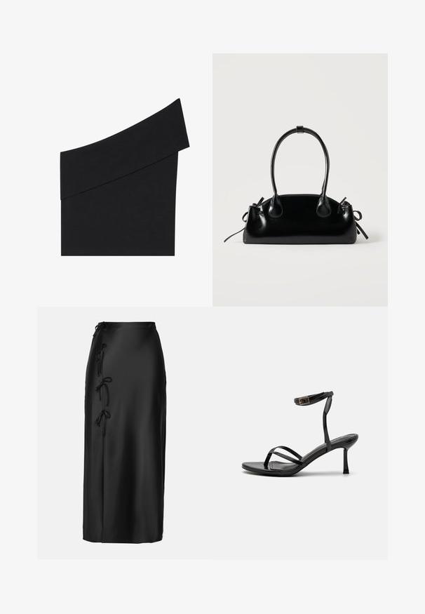 Top noir asymétrique en tissu doux, présentant une large bretelle unique et un design ajusté avec une taille à la hauteur de la taille.; Anna Field MIDI SKIRT - Jupe crayon - black; Sandales à talons hauts noires avec un design à fines lanières, texture lisse, boucle à la cheville et bout pointu. Détail de bride de cheville ajustable.; Petit sac à main noir brillant avec deux longues anses et des détails à cordon sur les côtés sur un fond clair uni.
