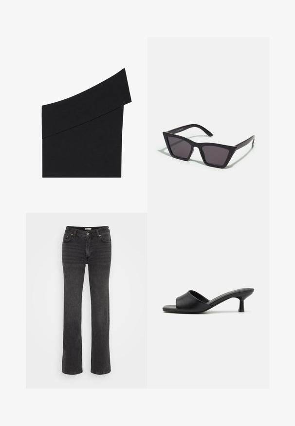 Asymmetrisk sort top i blødt stof, med en enkelt bred skulderrem og et figursyet design med en kant ved taljen.; Sorte denimbukser med lige ben, med knaplukning, fem lommer og let udvaskning. Glat tekstur og klassisk design.; Sorte slidesandaler med en glat læderoverdel, åben tå og en lav, blank hæl. Minimalistisk design med en buet form og slank finish.; Sorte, kantede solbriller med grå linser; lavet af plast, med tykke stænger med en glat overflade og ingen synlig hardware.
