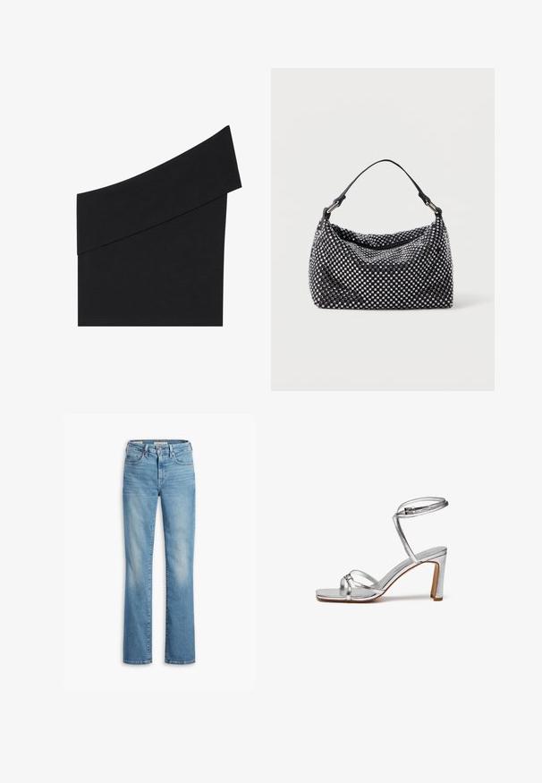 Asymmetrisches schwarzes Top aus weichem Material, mit einem breiten Träger auf einer Seite und einem figurbetonten Design mit einem Saum auf Taillenhöhe.; Hellblaue Jeans aus Denim mit geradem Bein, Knopfverschluss, fünf Taschen und ausgewaschenen Bereichen für einen abgetragenen Look. Sauber verarbeiteter Saum.; Silberne High-Heel-Sandalen mit eckiger Zehenpartie, dünnem Knöchelriemen und Riemen über dem Spann. Glänzende Metallic-Oberfläche mit einem 3-Zoll-Blockabsatz.; Schwarze und silberne Handtasche mit einer gewobenen, strukturierten Oberfläche, die quadratische Muster aufweist, einem einzelnen oberen Griff und einem lässigen Design.