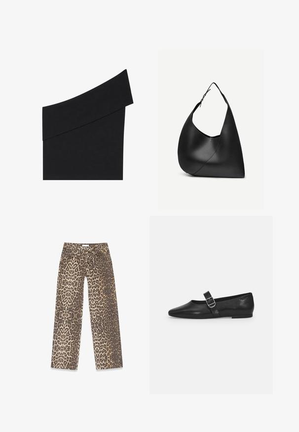 Top noir asymétrique en tissu doux, présentant une large bretelle unique et un design ajusté avec une taille à la hauteur de la taille.; Jean en denim à imprimé léopard avec une palette de couleurs beige et marron neutres, au design à jambe droite et aux détails de poches traditionnels.; Chaussure plate en cuir noir avec un bout arrondi, une seule sangle réglable à boucle et une texture lisse et brillante. Design minimaliste avec un petit talon.; Sac à épaule en cuir noir avec forme triangulaire incurvée, une seule sangle ajustable, et une couture diagonale visible à l'avant.