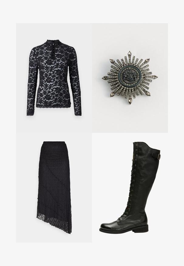 Rosemunde Top s dlhým rukávom - black; ONLY ONLKIM SLIT - Maxisukňa - black; Čierne kožené vysoké čižmy do kolien so šnurovaním vpredu, striebornými očkami a postrannou prackou. Majú štruktúrovaný povrch a vyvýšený opätok.; Hvězdičková brošňa v striebornom kovovom prevedení s čírymi rhinestone kamienkami. Centrálne dizajn obsahuje kruhový emblém s komplexnými detailmi.