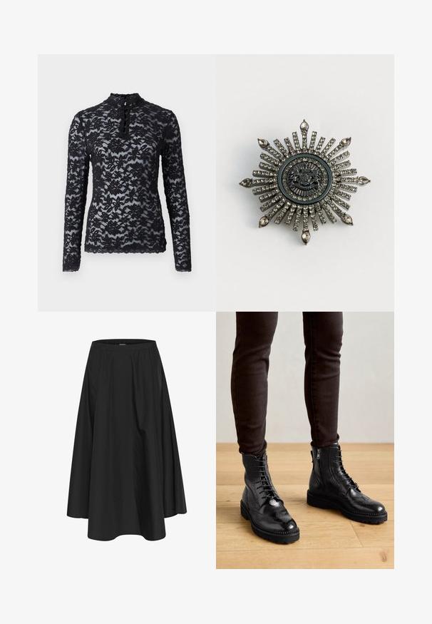 Rosemunde Camiseta de manga larga - black; Falda negra hasta la rodilla con cintura elástica, con pliegues para dar volumen y una textura suave. Diseño simple y clásico sin adornos.; Botas negras de cuero hasta el tobillo con detalles de brogue, cordones en la parte delantera, cremalleras laterales y suelas de goma texturizadas. Combinadas con pantalones oscuros de corte slim.; Broche en forma de estrella en metal de tono plateado con rhinestones transparentes. El diseño central presenta un emblema circular con un detallado intrincado.