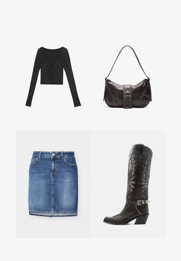 Čierny rebrovaný dlhý rukáv cropped top s oblé otvoreným výstrihom, predným zapínaním na gombíky a textúrovanou látkou. Obsahuje jemné vertikálne pruhy.; Džínová sukňa v tmavomodrej farbe so rovnými líniami, piatimi vreckami, očkami na opasok a zapínaním na gombík. Zúžený lem s kontrastným stehom.; Čierna kožená kovbojská čižma s dekoratívnymi výrezmi, striebornou prackou a šikmým podpätkom, zobrazovaná na bielom pozadí.; Hnedá kožená taška cez plece s zakriveným tvarom, s výrazným detailom sponky, kontrastným prešívaním a jedným popruhom na plece.