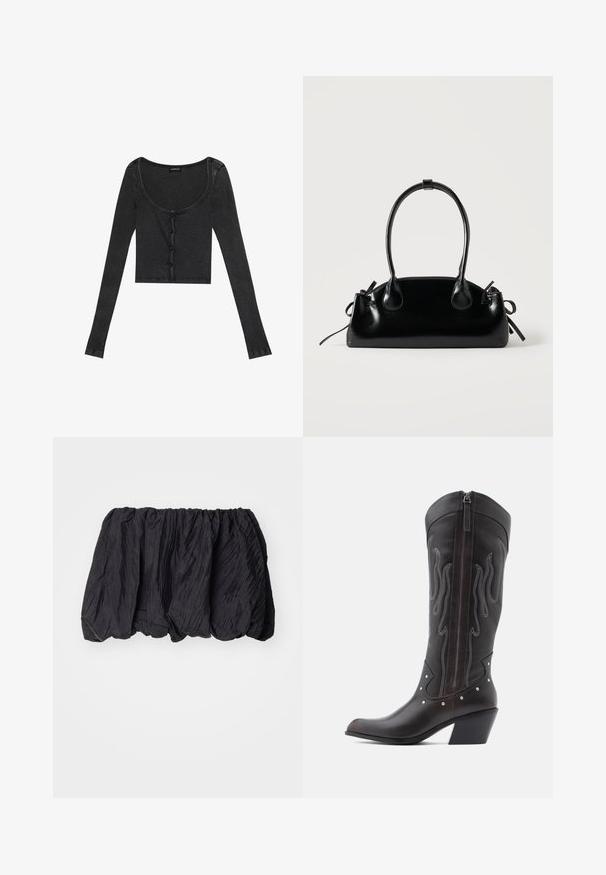 Čierny rebrovaný dlhý rukáv cropped top s oblé otvoreným výstrihom, predným zapínaním na gombíky a textúrovanou látkou. Obsahuje jemné vertikálne pruhy.; Čierny zvrásnený textilný top s elastickým pásom, ktorý má textúrovaný povrch a nariasený dizajn pre objemový tvar.; Hnedé kožené kovbojské čižmy s výšivkou v tvare plameňov, bočným zipsom, striebornými nitmi, špicatou špičkou a vystuženým opätkom.; Malá čierna lesklá kabelka s dvoma dlhými rúčkami a bočnými šnúrkovými detailmi na jednoduchom svetlom pozadí.