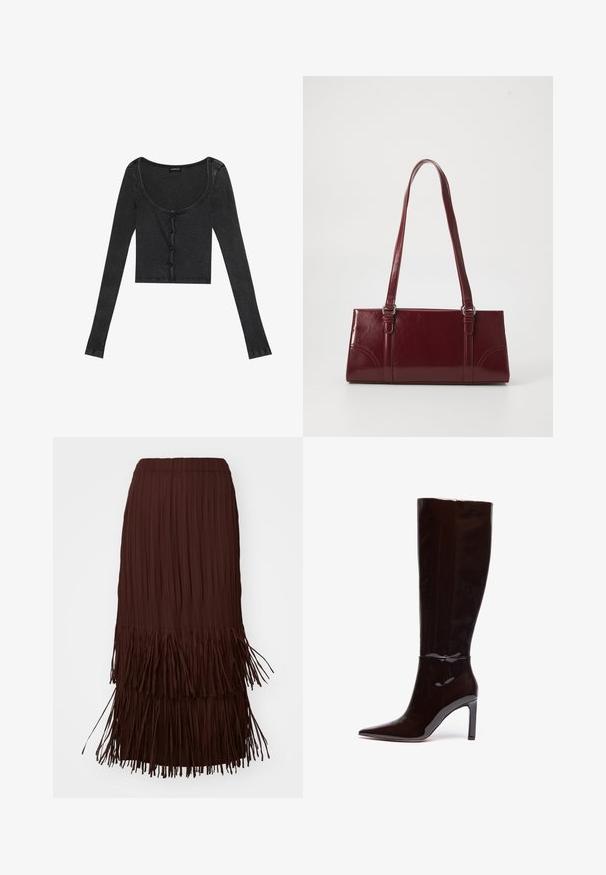 Schwarzes, geripptes, langärmliges Crop-Top mit einem runden Ausschnitt, vorderer Knopfverschluss und strukturiertem Stoff. Mit dezenten, vertikalen Streifen.; Brauner plissierter Midirock mit gestuften Fransendetails am Saum, elastischem Taillenbund und fließender Textur.; Knöchelhoche schwarze Lacklederstiefel mit spitzem Zeh und Stiletto-Absatz, die eine glatte, glänzende Oberfläche und ein schlankes Design aufweisen.; Burgunderfarbene Handtasche aus glänzendem Material, rechteckige Form, mit zwei Schulterriemen und subtilen, geschwungenen Akzenten an der Vorderseite.