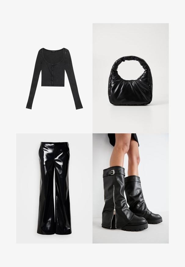 Schwarzes, geripptes, langärmliges Crop-Top mit einem runden Ausschnitt, vorderer Knopfverschluss und strukturiertem Stoff. Mit dezenten, vertikalen Streifen.; Schwarze, weit geschnittene Hose aus glänzendem, glänzendem Material; verfügt über eine glatte Textur und einen maßgeschneiderten Bund ohne sichtbare Verschlüsse oder Verzierungen.; Schwarze Lederstiefel bis zum Knie mit weiter Schaftweite, seitlichem Reißverschluss und Schnallenakzent, strukturierter Oberfläche und robuster Gummisohle.; Schwarze gepolsterte Handtasche mit einem runden Griff, die eine glatte, glänzende Oberfläche und eine weiche, gestepfte Textur aufweist. Keine sichtbare Hardware oder Akzente.