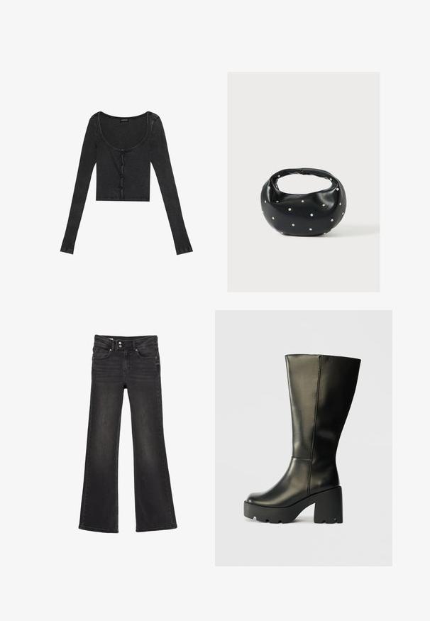 Haut cropped noir à manches longues, avec un décolleté en scoop, fermeture à boutons à l'avant et tissu texturé. Présente des rayures verticales subtiles.; Jean noir taille haute évasé avec fermeture double bouton et poches avant, montrant un subtil effet délavé sur les cuisses.; Botte noire en cuir jusqu'au genou avec un épais talon plateforme texturé noir. Présente une surface lisse et un design vertical épuré.; Sac à main en cuir noir de forme arrondie, décoré de clous argentés et équipé d'une poignée courte. Texture lisse et fermeture éclair.