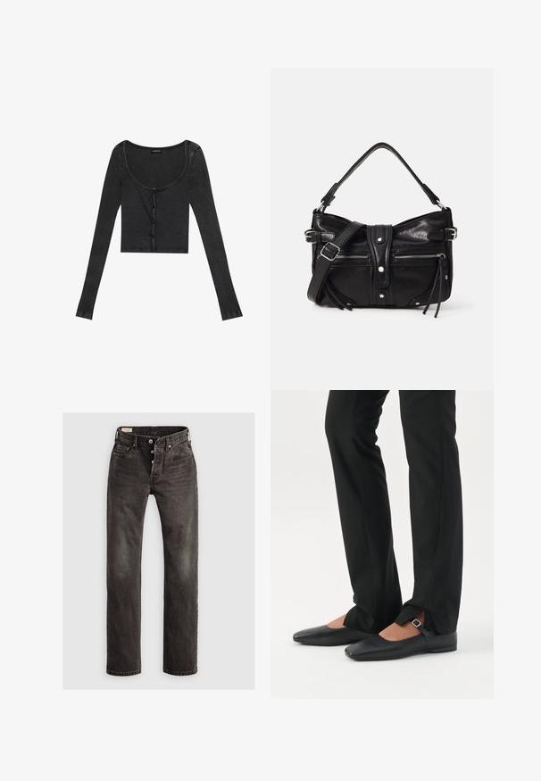 Zwarte geribbelde lange mouwen cropped top met een ronde halslijn, een bevestiging met knopen aan de voorkant en een gestructureerde stof. Bevat subtiele verticale strepen.; Donkergrijze rechte jeans van denim, met een knoopsluiting, vijf zakken en subtiele vervaging op de stof.; Benen met zwarte smalle broek met voorsplitten aan de zoom, gecombineerd met zwarte platte Mary Jane-schoenen met een klein gespje.; Even&Odd by Zalando H24462 - Handtas - black