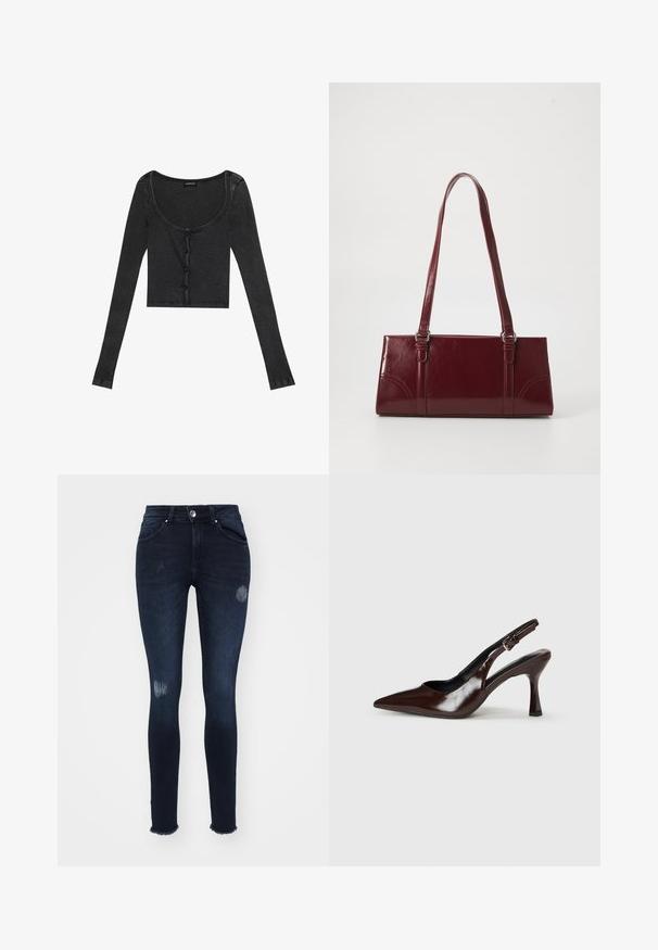 Sort ribbet langærmet cropped top med en scoop halsudskæring, knaplukning foran og tekstureret stof. Har subtile lodrette striber.; Mørkeblå skinny jeans lavet af denim, med slidte knædetaljer, en skræddersyet kant, fem lommer og knaplukning.; Brune patenterede læderslingback-sandaletter med spids tå, en tynd hæl og justerbar rem med en lille spænde.; Bordeaux håndtaske lavet af glansfuldt materiale, rektangulær form, med to skulderremme og subtile buede detaljer på forsiden.