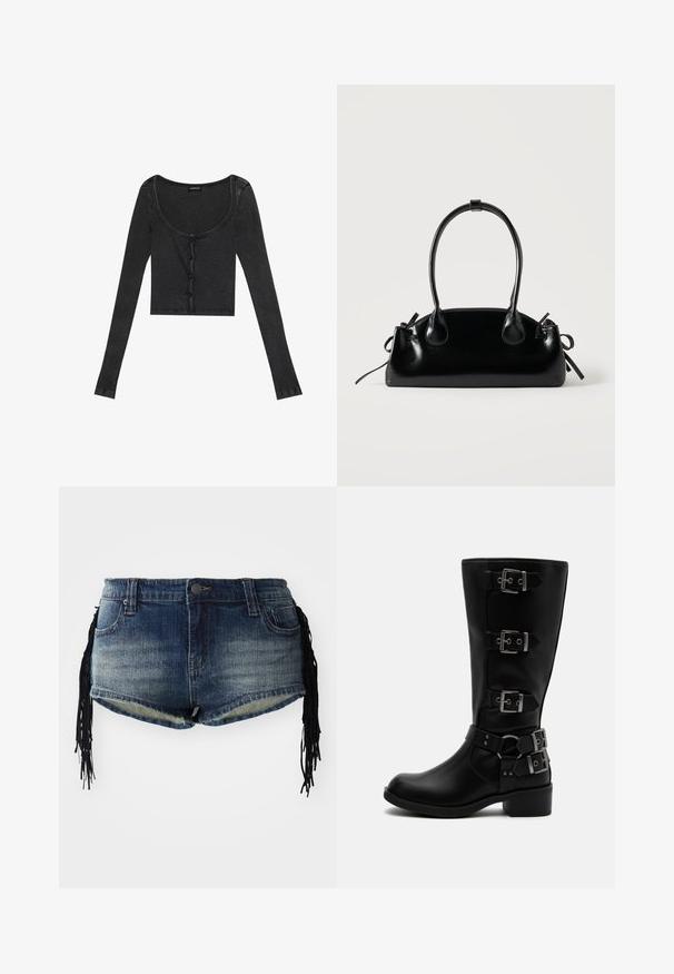 Schwarzes, geripptes, langärmliges Crop-Top mit einem runden Ausschnitt, vorderer Knopfverschluss und strukturiertem Stoff. Mit dezenten, vertikalen Streifen.; Denim-Shorts in einem verlaufenden blauen Waschung mit ausgefranstem Saum und schwarzen Fransenverzierungen an den Seiten, mit Fronttaschen und einem Bund.; Schwarzer Lederstiefel bis zur Mitte der Wade mit vier verstellbaren Metallriemen und niedrigem Blockabsatz auf weißem Hintergrund.; Kleine schwarze glänzende Handtasche mit zwei langen Griffen und seitlichen Kordelzug-Details vor einfachem hellem Hintergrund.