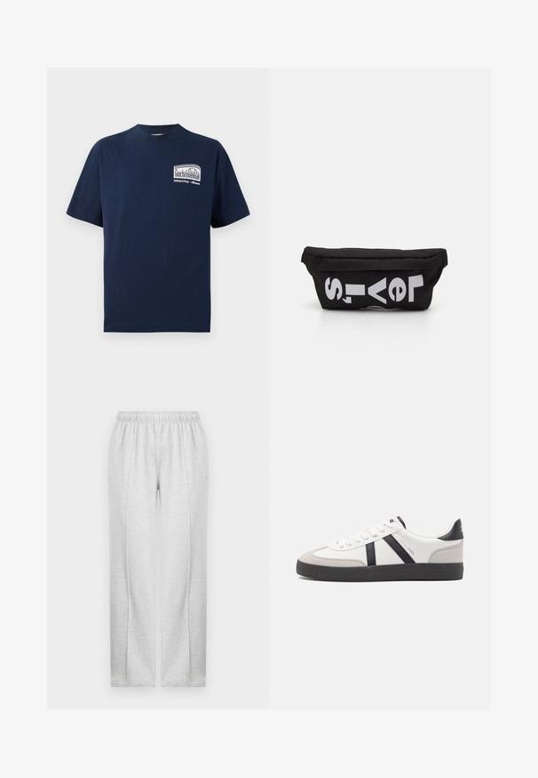 Ναυτικό βαμβακερό T-shirt με στρογγυλή λαιμόκοψη. Στο μπροστινό μέρος υπάρχει μια λευκή γραφιστική με το κείμενο "Giochi Invernali" σε ορθογώνιο σχέδιο. Κοντά μανίκια.; Γκρι φόρμες με ελαστική μέση, ίσια πόδια και διακριτές ραφές στο πλάι. Φτιαγμένες από μαλακό, ελαφρύ ύφασμα. Μινιμαλιστικός σχεδιασμός.; Λευκό αθλητικό παπούτσι με μαύρες και γκρί λεπτομέρειες, featuring ένα υφή γκρί καλύμμα δαχτύλου, μαύρη καουτσούκ σόλα και επίπεδες λευκές κορδόνες. Καθαρός σχεδιασμός, μινιμαλιστικό στυλ.; Μαύρη υφασμάτινη τσάντα με επίπεδο σχήμα, που διαθέτει έντονο λευκό κείμενο. Με κλείσιμο φερμουάρ στην κορυφή και λεπτομέρεια βρόχου στη μία πλευρά.