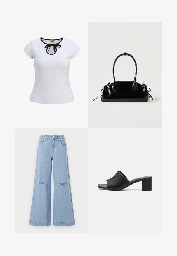Hvid kortermet t-shirt med sort kant rundt om halsudskæringen og en sløjfedetalje i midten. Fremstillet af glat bomuldsstof.; Lyseblå bredbenede jeans med høj talje, der har to forlommer og to slidte knædetaljer, fremstillet af denimmateriale.; Sorte læder mules med blokhæl og åben tå, med en glat overflade og let buet overdelsdesign for komfort og stil.; Lille sort blank håndtaske med to lange håndtag og snøre-detaljer i siden på en ensfarvet lys baggrund.