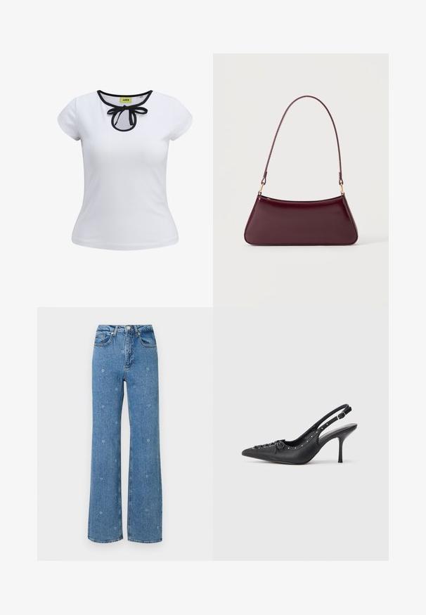 Camiseta blanca de manga corta con un ribete negro alrededor del escote y un detalle de lazo en el centro. Hecha de una suave tela de algodón.; Jeans de talle alto en azul, de pierna recta, con pequeños bordados de flores blancas esparcidos por la tela.; Sandal de tacón stiletto negro de cuero con punta afilada, correa lateral con hebilla, tachuelas a lo largo del borde y cordones decorativos en la parte delantera.; Bolso brillante de color burdeos oscuro con un asa fina y única y una forma elegante de trapecio sobre un fondo claro y liso.