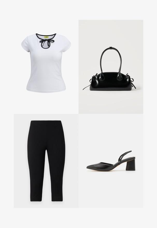 White short-sleeve t-shirt with a black trim around the neckline and a bow detail at the center. Made of smooth cotton fabric.; Black capri leggings made of stretchy material, featuring a snug fit and smooth texture, with no prominent patterns or accents.; Black leather slingback shoe with a pointed toe, low block heel, and minimalistic design featuring thin straps and smooth texture.; Small black glossy handbag with two long handles and side drawstring details on a plain light background.