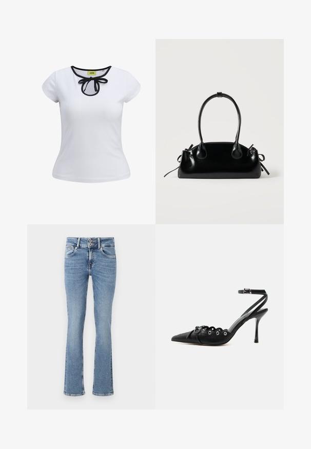 Camiseta blanca de manga corta con un ribete negro alrededor del escote y un detalle de lazo en el centro. Hecha de una suave tela de algodón.; Pantalones vaqueros de mezclilla azul de pierna acampanada con un lavado medio, cierre de botones, diseño de cinco bolsillos y detalles cosidos en los bolsillos y el dobladillo.; Zapato de tacón alto negro con punta fina, bordes ondulados, ojales metálicos, cordones delanteros y una correa en el tobillo con cierre de hebilla.; Pequeño bolso negro brillante con dos asas largas y detalles de cordón lateral sobre un fondo claro liso.