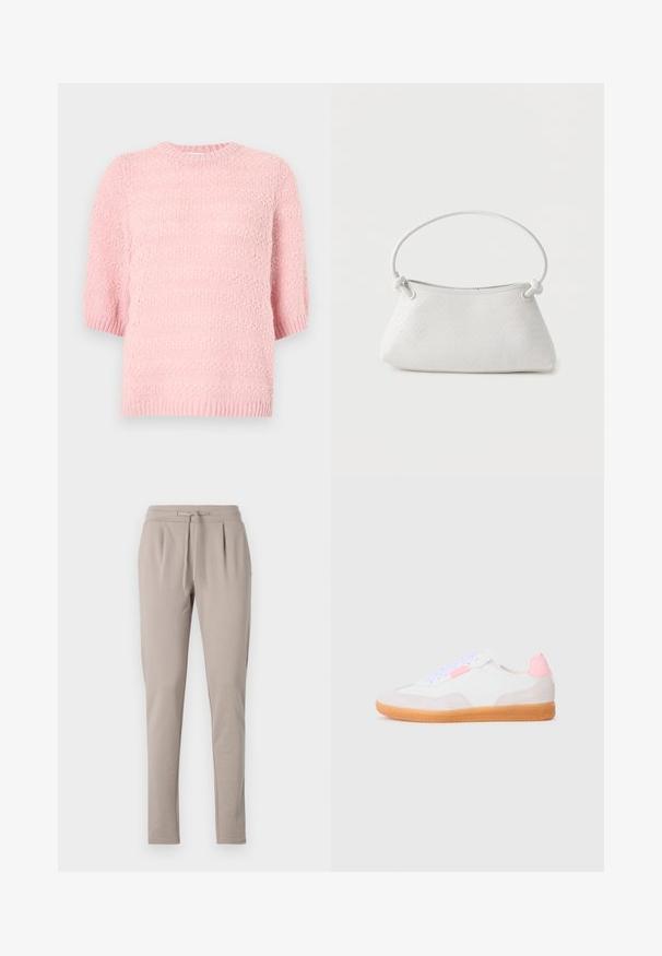 Kortærmet, rundhalset sweater i blød pink. Struktureret strikkemønster med løs pasform og ribbet kant. Letvægtsmateriale, afslappet design.; Beige sweatpants med snøre i taljen, tætsiddende ben og plisseret frontdetalje. Fremstillet af blødt, let materiale.; Hvide sneakers med ruskinds- og læderpaneler, der har en lyserød hæltab, lilla snørebånd og en gummisål med en struktureret mønster.; Hvid fletlæderhåndtaske med afrundet håndtag og ender på remmen, der er knyttet, vist mod en ensfarvet baggrund.