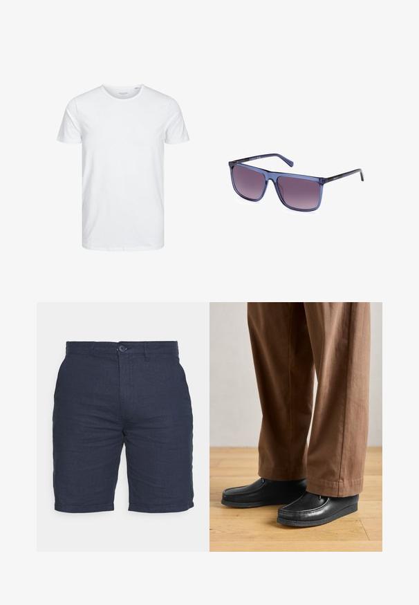 T-paita pyöreällä kauluksella ja lyhyillä hihoilla, mikä on valmistettu pehmeästä puuvillasta ja siinä on yksinkertainen muotoilu ilman näkyviä kuvioita tai aksentteja.; Navy blue shorts valmistettu teksturoidusta kankaasta, joissa on nappikiinnitys, litteä etuosa ja sivutaskut, suunniteltu rentoon istuvuuteen.; Mustat nahkakengät, joissa on mokkasinineule ja ommelyksityiskohdat, yhdistettynä ruskeisiin housuihin, puulattialla.; Aurinkolasit, joissa on läpinäkyvä sininen kehys ja liukuväriset purppurat linssit. Neliömuoto, jossa on tyylikkäitä mustia yksityiskohtia varsissa.