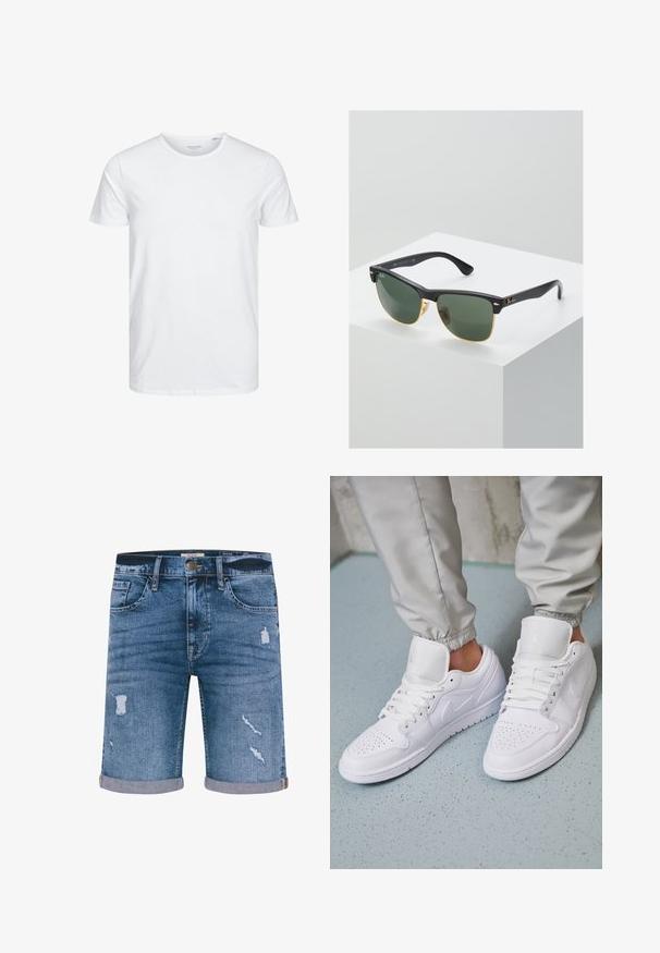 Rundhals kortærmet t-shirt i ensfarvet hvid, lavet af blød bomuld, har et simpelt design uden synlige mønstre eller detaljer.; Denimshorts i medium blå med distressed detaljer, opsmøgede kant, fem lommer og metalknaplukning. Standard pasform.; Hvide lædersneakers har en perforeret tåboks, flade snørebånd, polstret krave og Jordan-logoet på tungen. Båret med grå joggers.; Ray-Ban solbriller med grønne linser, sorte plastikstel og gyldne detaljer ved kanterne. Firkantet form med mat finish.