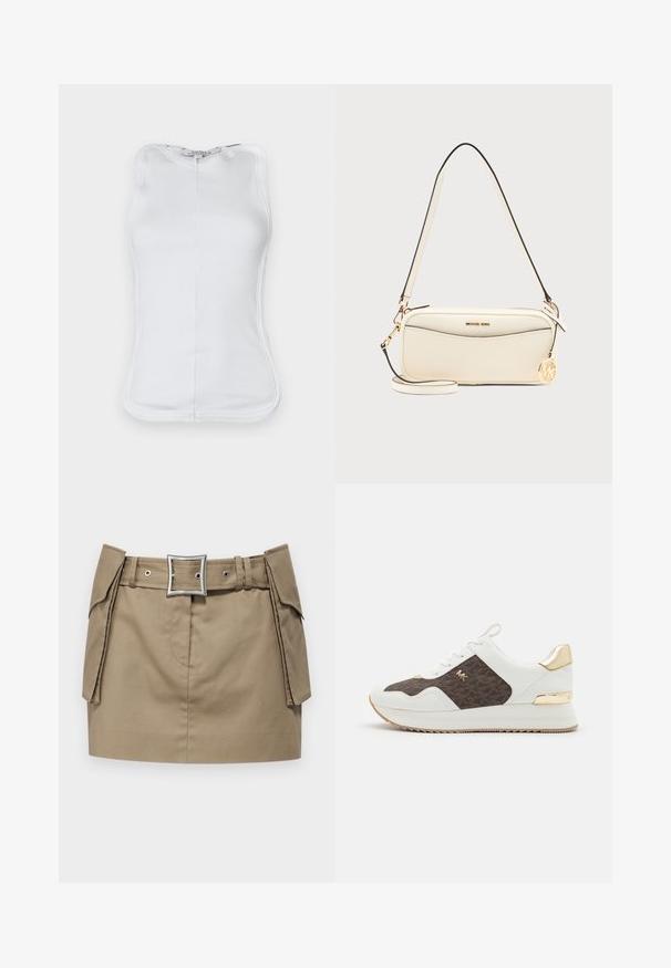 Witte mouwloze top van rib katoen, met een aansluitend ontwerp, afgeronde halslijn en zichtbare stiksels langs de zijkanten.; Khaki minirok met een brede riem voorzien van een vierkante zilveren gesp, zijzakken en een gladde, duurzame stoftextuur.; Witte sneakers met bruine patroonstofpanelen, gouden hardwareaccenten, ronde neus, vetersluiting en gestructureerde rubberen zool.; Michael Kors schoudertas in crèmekleur met gouden logo-bedel, ritssluiting en verstelbare band op effen achtergrond.