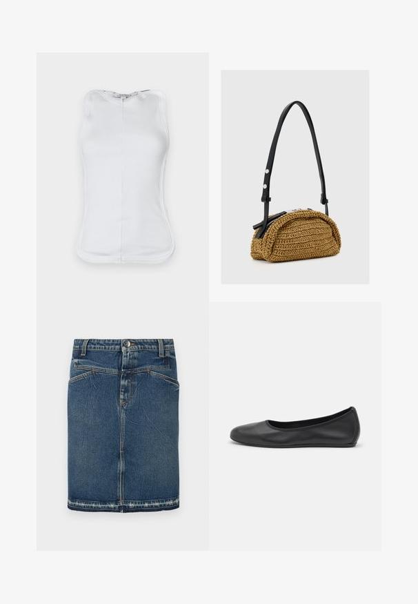 Witte mouwloze top van rib katoen, met een aansluitend ontwerp, afgeronde halslijn en zichtbare stiksels langs de zijkanten.; Denimrok met een klassieke blauwe wassing, vijfzakkenontwerp en rafelige zoom. Sluit met een knoop en ritssluiting aan de voorkant.; Zwarte leren ballerina met een ronde neus, gladde textuur, minimale stikdetails en een flexibele zoolontwerp.; Kleine tan gevlochten handtas met gebogen vorm, zwarte verstelbare leren band en zilveren ritssluiting.