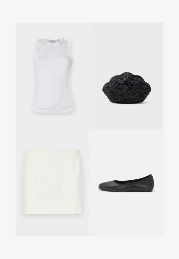 Top blanco sin mangas hecho de material de algodón acanalado, con un diseño ajustado, escote redondeado y costuras visibles a lo largo de los lados.; Mini falda de lino blanco con corte recto, que presenta bolsillos laterales y una textura suave. Sin patrones ni acentos visibles.; Bailarina de piel negra con punta redondeada, textura suave, detalle de costura minimalista y diseño de suela flexible.; Bolso de mimbre negro con forma de concha de vieira con parte superior curva y textura tejida sobre un fondo liso.