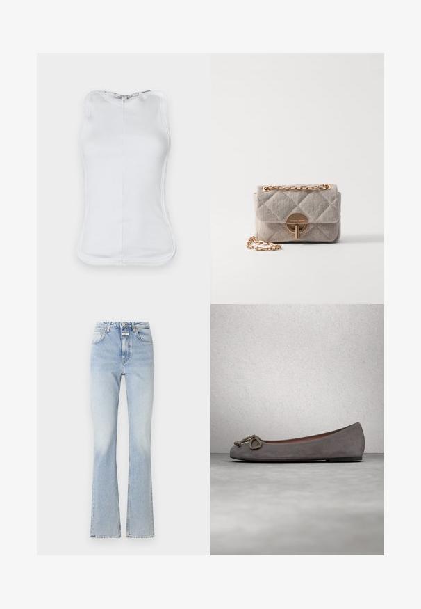 Weißes ärmelloses Top aus geripptem Baumwollmaterial, mit tailliertem Schnitt, rundem Halsausschnitt und sichtbaren Nähten an den Seiten.; Hellblaue Jeans mit hoher Taille, ausgestellten Beinen und einer dezenten, verwaschenen Textur. Verfügt über einen Knopf- und Reißverschluss und fünf Taschen.; Graue Ballerinas aus Wildleder mit abgerundetem Zehenbereich, einem geknoteten Seil-Detail und einem dezenten Kontrastbesatz am Rand. Flache, flexible Sohle.; Vanessa Bruno MOON - Handtasche - sable