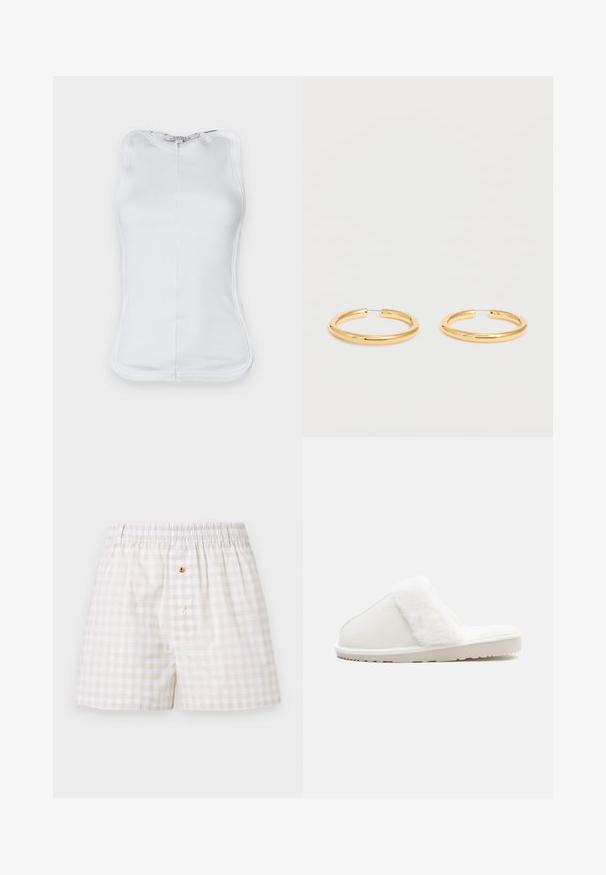 Top blanco sin mangas hecho de material de algodón acanalado, con un diseño ajustado, escote redondeado y costuras visibles a lo largo de los lados.; Bóxers de hombre de cuadros vichy beige y blanco con cintura elástica y dos botones en la abertura frontal.; Zapatilla blanca con una suave banda de piel sintética, parte superior de fieltro, suela acolchada y una suela de goma texturizada para mayor agarre. Diseño simple y redondeado.; Par de pendientes de aro medianos de oro pulido con cierres de alambre delgado sobre un fondo blanco liso.