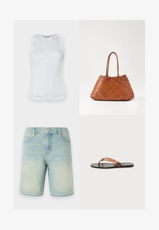 Weißes ärmelloses Top aus geripptem Baumwollmaterial, mit tailliertem Schnitt, rundem Halsausschnitt und sichtbaren Nähten an den Seiten.; Hellblaue Denim-Shorts mit einem verblassten Finish, ausgestattet mit einem Fünf-Taschen-Design, sichtbaren Nähten und einem Metallknopfverschluss am Bund.; Schwarze flache Flip-Flop-Sandale mit durchsichtigen braunen Riemen und einer kleinen goldenen Perle nahe dem Zehensteg vor einfachem Hintergrund.; DRAGON DIFFUSION SANTA CROCE BIG - Handtasche - tan