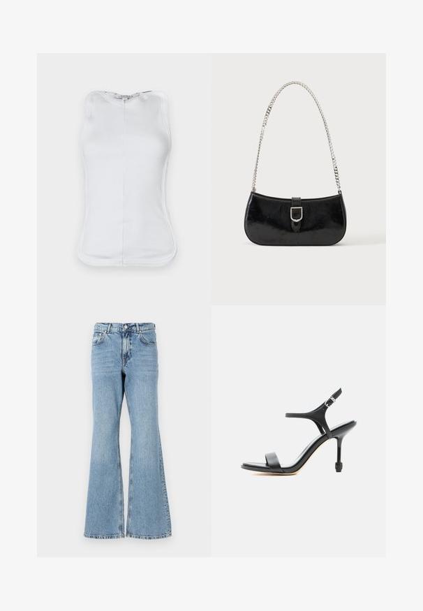 Witte mouwloze top van rib katoen, met een aansluitend ontwerp, afgeronde halslijn en zichtbare stiksels langs de zijkanten.; Lichtblauwe flared jeans van denim met een hoge taille, voorzien van een knoopsluiting, vijf zakken en een vervaagde wassing met subtiele whiskering.; Zwarte leren sandaal met hoge hak, dunne bandjes, open teen en verstelbare enkelgesp, weergegeven tegen een effen witte achtergrond.; Zwarte lakleren schoudertas met een zilveren gespdetail en een zilveren kettingriem, getoond tegen een effen lichte achtergrond.
