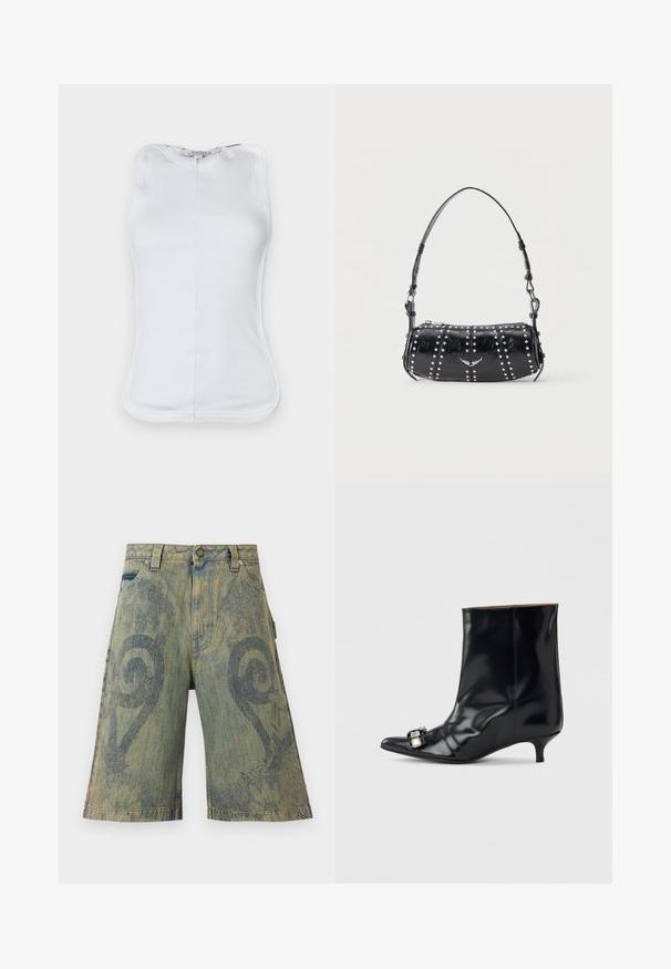 Top sans manches blanc en coton côtelé, présentant un design ajusté, un col rond et des coutures visibles sur les côtés.; Paolina Russo Short en jean - sand; Bottine en cuir noir avec bout pointu, petit talon kitten bas et boucle décorative en argent sur le côté près de l'orteil.; Sac d'épaule en cuir verni noir orné de clous argentés disposés en rangées verticales et d'un petit emblème d'oiseau argenté au centre devant.