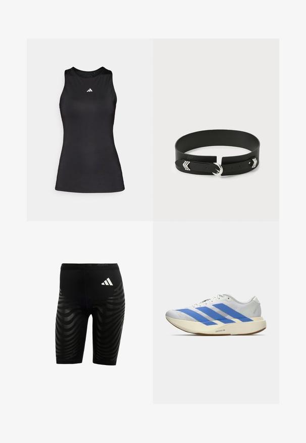 Sort ærmeløs atletisk top lavet af glat stof. Har en rund halsudskæring og et lille hvidt Adidas-logo på brystet.; Sorte sportsbukser med et tekstureret design, der har bølgede striber. Hvidt logo på taljen, lavet af fugttransporterende materiale.; Hvid atletisk sko med blå striber, struktureret overdel, flad sål og "LIGHTSTRIKE PRO" branding på siden. Lavprofil design.; Sort læderbælte med en bred rem, sølvdetaljer og en cirkulær spænde. Har en enkelt tand og flere huller til justering.