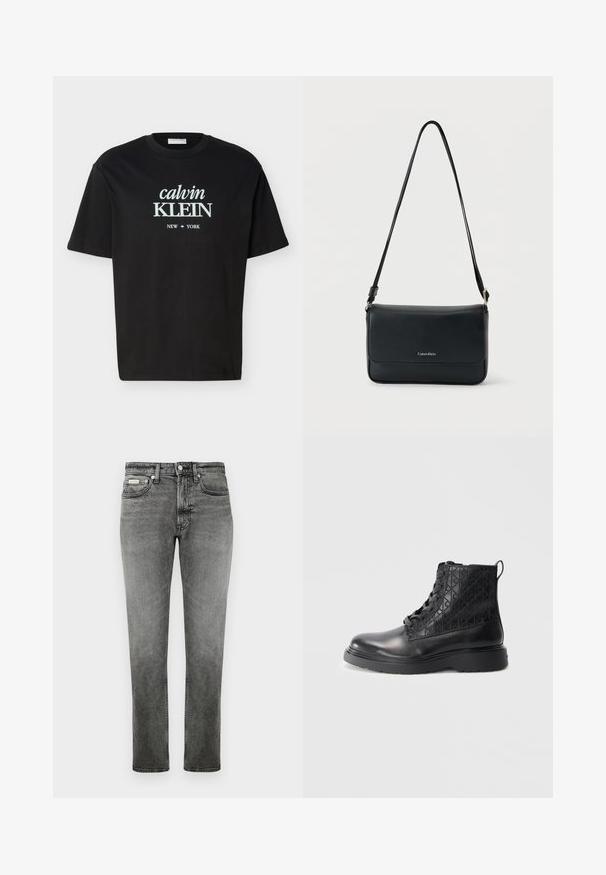 Sort kortærmet t-shirt med "calvin KLEIN" og "NEW YORK" trykt i hvidt midt på fronten.; Grå denim jeans med lige ben, foran lommer, bæltestropper, knaplukning og diskrete slidte detaljer.; Sorte læder ankelstøvler med en quiltet tekstur, rund tå, snørebånd foran og en robust gummisål. Accentueret med en hælflap.; Sort læder skuldertaske med en glat tekstur, rektangulær form og klaplukning. Har et mærket logo og justerbar rem.