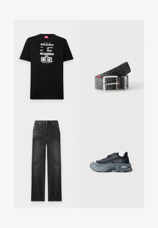 Schwarzes Baumwoll-T-Shirt mit kräftigen weißen Textgrafiken, darunter "DIESEL" und "INDUSTRY", mit rundem Halsausschnitt und kurzen Ärmeln.; Schwarze gerade Jeans aus Denim, mit fünf Taschen, Gürtelschlaufen und subtiler Ausbleichung des Stoffes für Textur.; Schwarz- und graue Diesel-Sneaker mit dicker Sohle, Schnürverschluss und strukturiertem Design auf einem schlichten hellgrauen Hintergrund.; Schwarzer Diesel-Gürtel mit großem weißen Logotext, rechteckiger silberner Schnalle und gebrandetem Metallschlaufen-Detail, aufgewickelt auf hellem Hintergrund.
