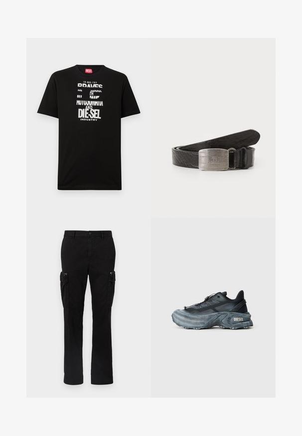 Schwarzes Baumwoll-T-Shirt mit kräftigen weißen Textgrafiken, darunter "DIESEL" und "INDUSTRY", mit rundem Halsausschnitt und kurzen Ärmeln.; Schwarze Cargo-Hose aus Baumwolle mit zwei seitlichen Taschen, geradem Bein und sichtbaren Nähten an den Säumen.; Schwarz- und graue Diesel-Sneaker mit dicker Sohle, Schnürverschluss und strukturiertem Design auf einem schlichten hellgrauen Hintergrund.; Schwarzer Lederbelt mit strukturiertem Finish, ausgestattet mit einer rechteckigen silberfarbenen Schnalle mit eingraviertem Markennamen. Glatte Kanten, klassisches Design.