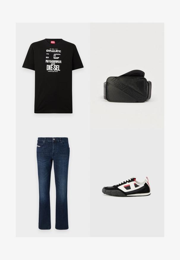 Sort bomulds-T-shirt med fed hvide tekstgrafik, herunder "DIESEL" og "INDUSTRY", med rund halsudskæring og korte ærmer.; Mørkeblå denimjeans med lige ben. Har fem lommer, metalknaplukning og diskret syninger på baglommen.; Diesel S PAGODHA LOW - Sneakers - black; Sort bælte med et struktureret design og et fremtrædende præget logo. Materialet virker glat med en læderlignende finish.