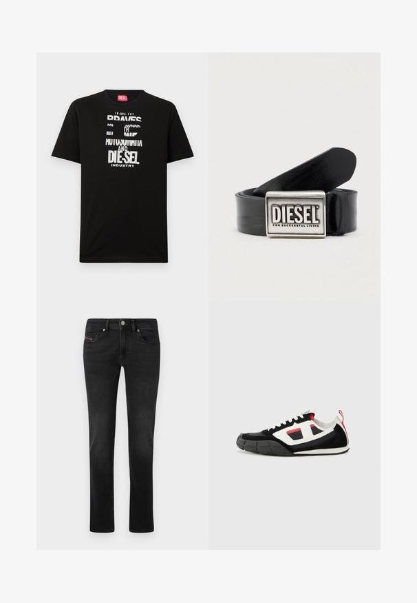 Schwarzes Baumwoll-T-Shirt mit kräftigen weißen Textgrafiken, darunter "DIESEL" und "INDUSTRY", mit rundem Halsausschnitt und kurzen Ärmeln.; Schwarze Denim-Jeans mit geradem Bein, ausgestattet mit Vorder- und Gesäßtaschen, subtilen Ausbleichungen und einem Metallknopfverschluss.; Diesel S PAGODHA LOW - Sneaker low - black; Schwarzer Ledergürtel mit einer rechteckigen silbernen Schnalle, auf der der Markenname "DIESEL" und der Satz "FOR SUCCESSFUL LIVING" eingraviert sind. Glatte Textur.