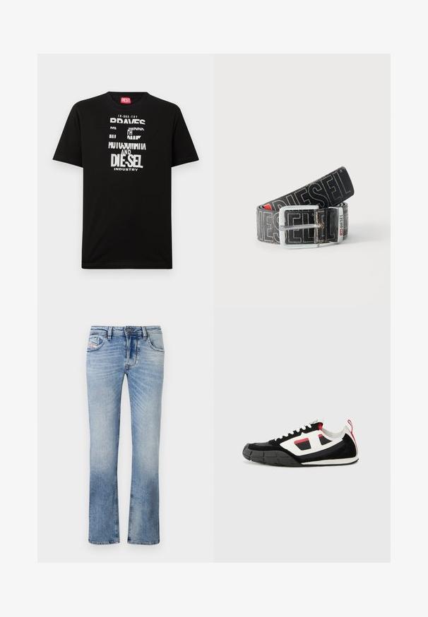 Sort bomulds-T-shirt med fed hvide tekstgrafik, herunder "DIESEL" og "INDUSTRY", med rund halsudskæring og korte ærmer.; Lyseblå denim jeans med lige ben-design, der har frontlommer, lynlås og subtile falmninger i stoffet.; Diesel S PAGODHA LOW - Sneakers - black; Sort Diesel-bælte med stor hvid logo tekst, rektangulært sølvspænde og brandet metal-loop detalje, rullet sammen på en lys baggrund.