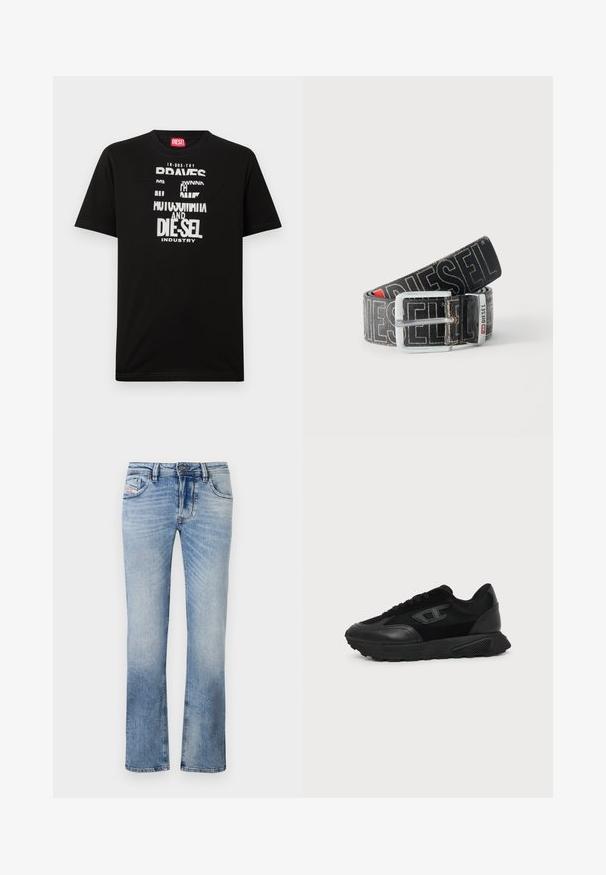 Sort bomulds-T-shirt med fed hvide tekstgrafik, herunder "DIESEL" og "INDUSTRY", med rund halsudskæring og korte ærmer.; Lyseblå denim jeans med lige ben-design, der har frontlommer, lynlås og subtile falmninger i stoffet.; Sort lavt snøresko med struktureret sål, mesh- og læderoverdel, snørebånd foran og et lille præget logo på sidepanelet.; Sort Diesel-bælte med stor hvid logo tekst, rektangulært sølvspænde og brandet metal-loop detalje, rullet sammen på en lys baggrund.