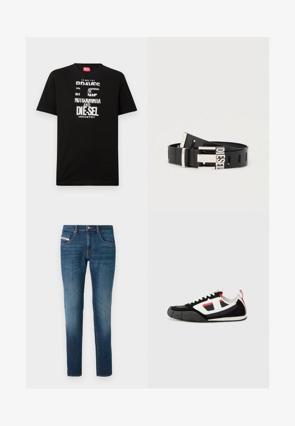 T-shirt noir en coton avec des graphismes textuels blancs audacieux, incluant "DIESEL" et "INDUSTRY", avec un col rond et des manches courtes.; Jean en denim bleu foncé avec un léger délavage, coupe droite, cinq poches et des détails de couture contrastés.; Diesel S PAGODHA LOW - Baskets basses - black; Ceinture en cuir noir avec boucle métallique argentée portant le mot "DIESEL." La ceinture comporte plusieurs trous d'ajustement tout au long de sa longueur.