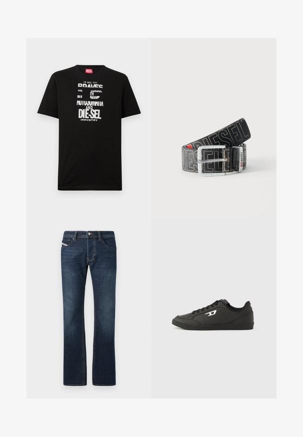 Camiseta negra de algodón con gráficos de texto blanco llamativos, que incluyen "DIESEL" e "INDUSTRY", con cuello redondo y mangas cortas.; Jeans de mezclilla azul oscuro con corte recto, cinco bolsillos y detalles de costura sutiles. Cuenta con cierre de botón metálico y cremallera.; Zapatillas deportivas negras sintéticas con suela negra texturizada, puntera redonda y cordones planos negros. Destaca un logo blanco en el lateral exterior.; Cinturón negro Diesel con gran texto de logo en blanco, hebilla rectangular plateada y detalle de la anilla metálica con marca, enrollado sobre un fondo claro.