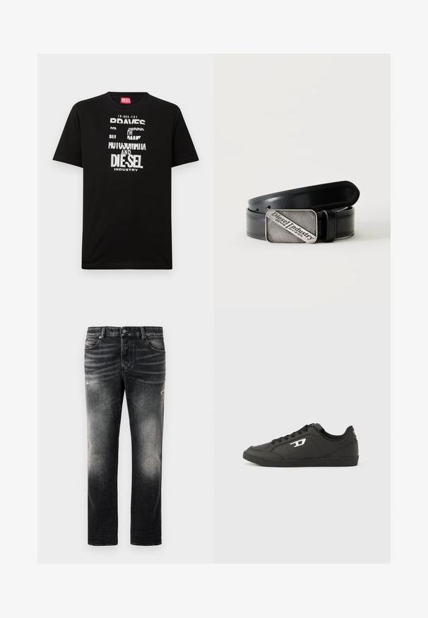 Zwart katoenen T-shirt met opvallende witte tekstgrafieken, waaronder "DIESEL" en "INDUSTRY", met een ronde hals en korte mouwen.; Zwarte jeans met een vervaagde afwerking en versleten accenten, standaard vijf-pocket ontwerp en een ritssluiting. Gemaakt van denimstof.; Zwarte sneakers van synthetisch materiaal met een geribbelde zwarte zool, ronde neus en vlakke zwarte veters. Opvallend wit logomerk aan de buitenzijde.; Zwarte leren riem met rechthoekige zilverkleurige gesp met daarin de gegraveerde tekst "Diesel Industry Denim Division" op een licht gestreepte achtergrond.